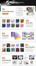 The icon of + 1. **Design Services**: Clients can either choose from the provider’s design options or submit their own designs, applicable to various clothing styles like t-shirts, hoodies, and pants.

2. **Custom Fabric**: A range of fabrics is available, including Nylon, Polyester, Cotton, Waterproof, Mesh, and functional/sustainable fabrics.

3. **Custom Color**: Clients can select colors or printing methods, supported by comprehensive color charts.

4. **Custom Logo**: Multiple customization techniques are offered, such as DTG print, 3D printing, embroidery, silk screen printing, embossed, foil print, reflective, and rhinestone applications.

5. **Custom Accessories**: Customizable labels (washing labels, neck labels, woven labels, etc.) and packages (polybags, packing boxes) are provided as per client demands.