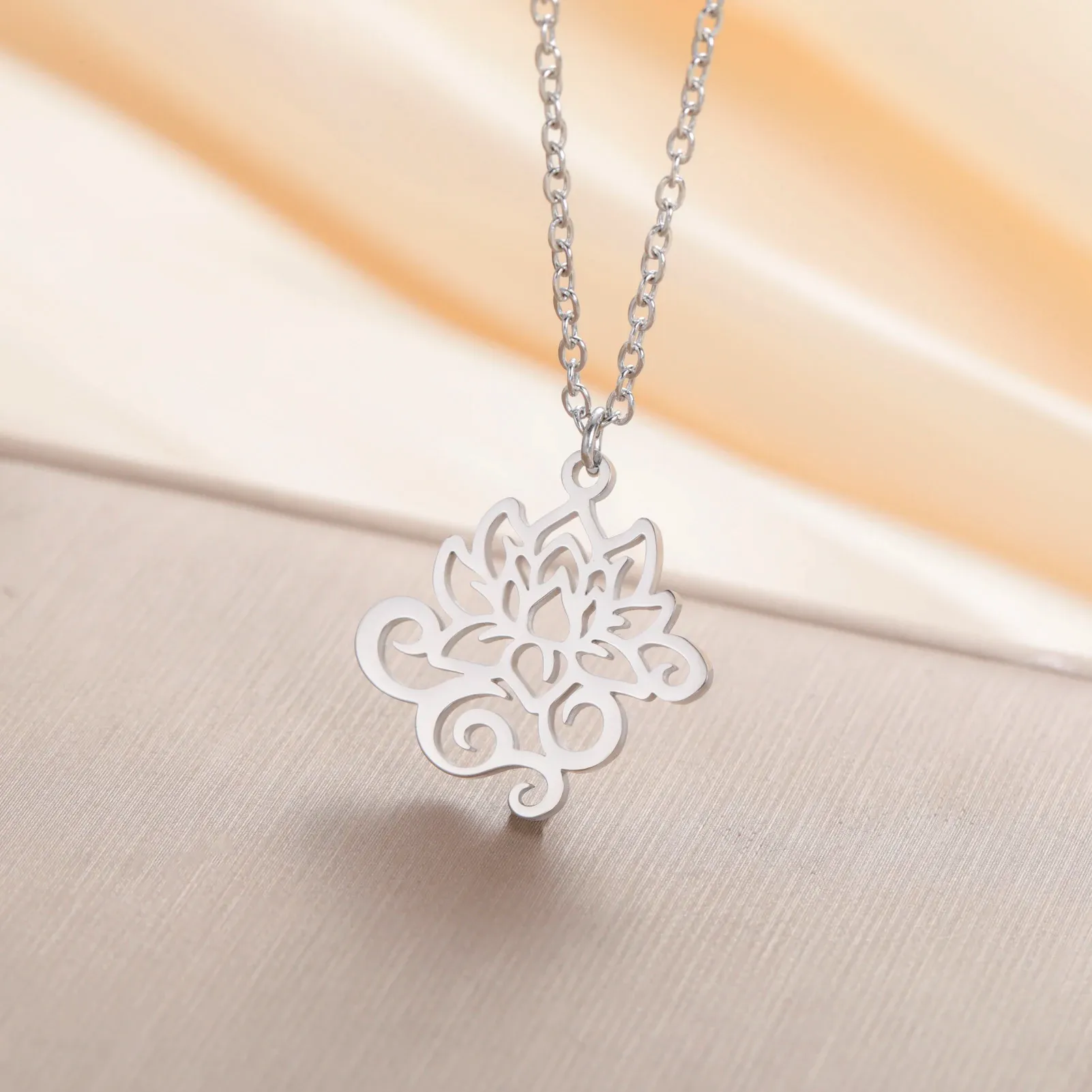 Gold Plated Stainless Steel Lotus Pendant Necklace For Women