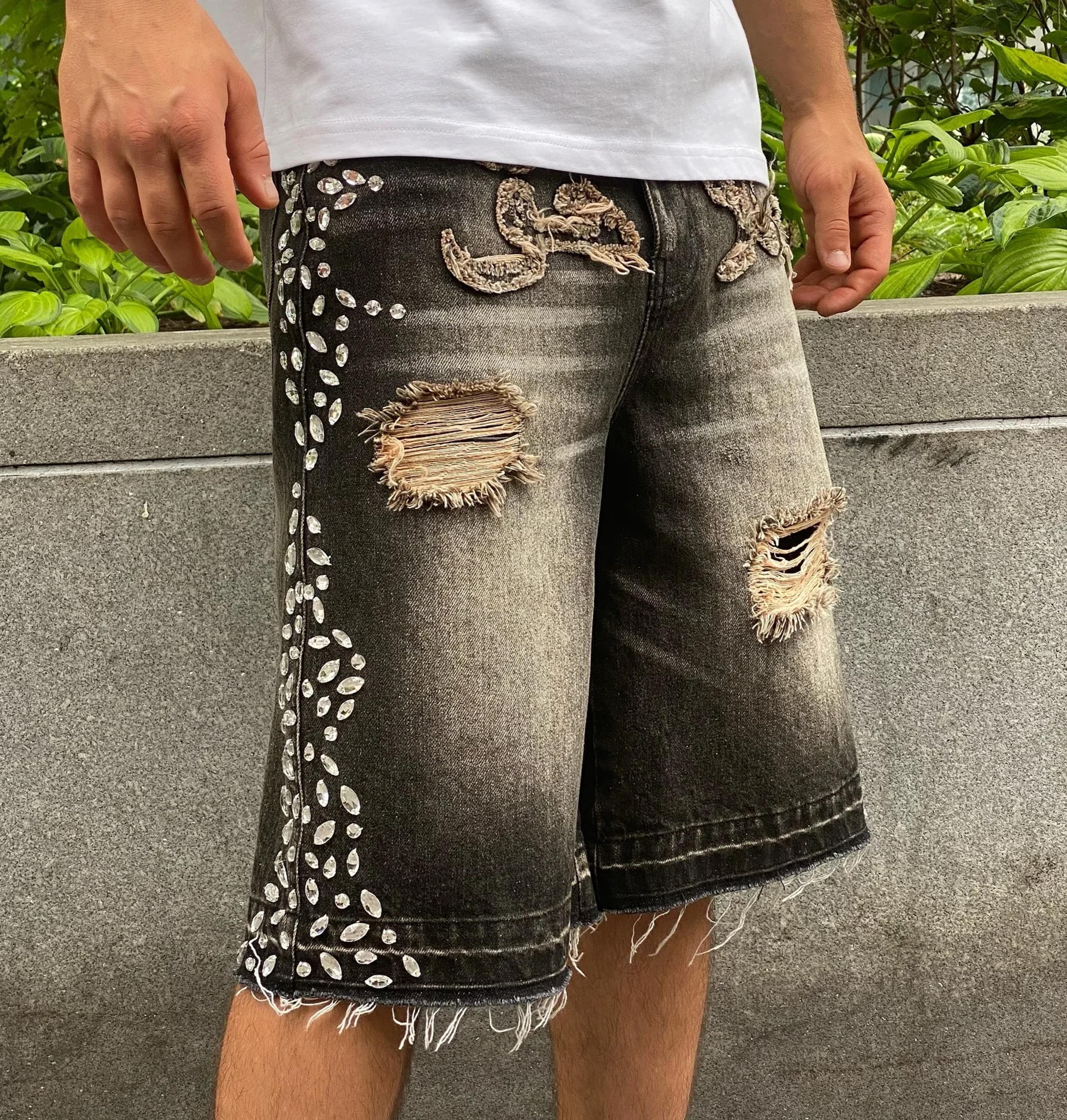 Custom Rhinestone Denim Jorts Men - Men's Fashion - by Global ...