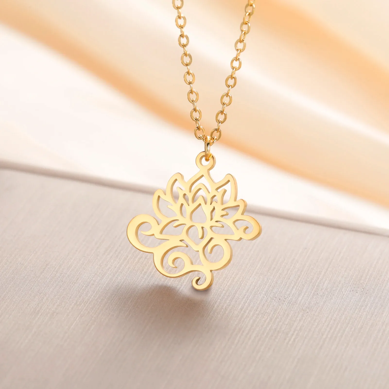 Gold Plated Stainless Steel Lotus Pendant Necklace For Women