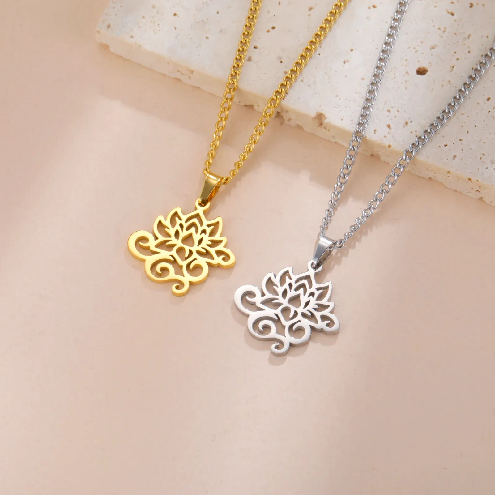 Gold Plated Stainless Steel Lotus Pendant Necklace For Women